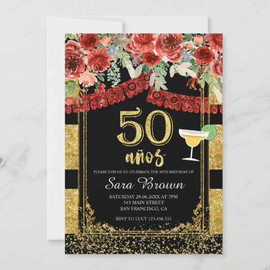 Invitation 50 años Roses rouges Anniversaire mexicain (Devant)