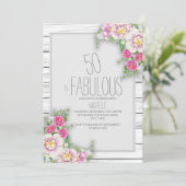Invitation 50 ans Bois Rustique Fleurs Roses (Debout devant)