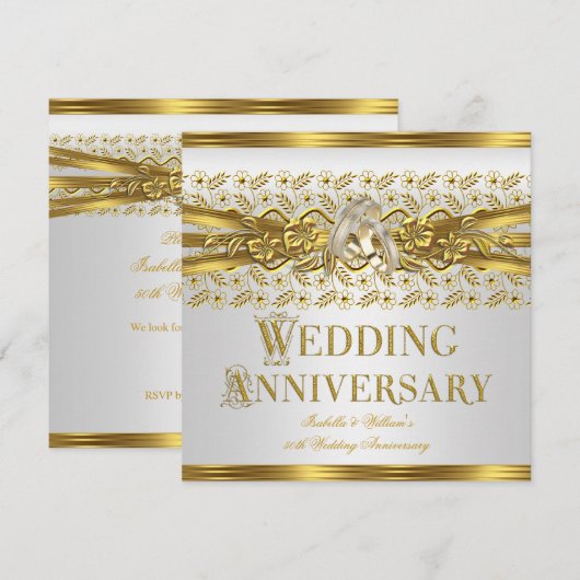 Invitation 50 ans de mariage Anneaux d'or Fleurs Blanc (Devant / Derrière)