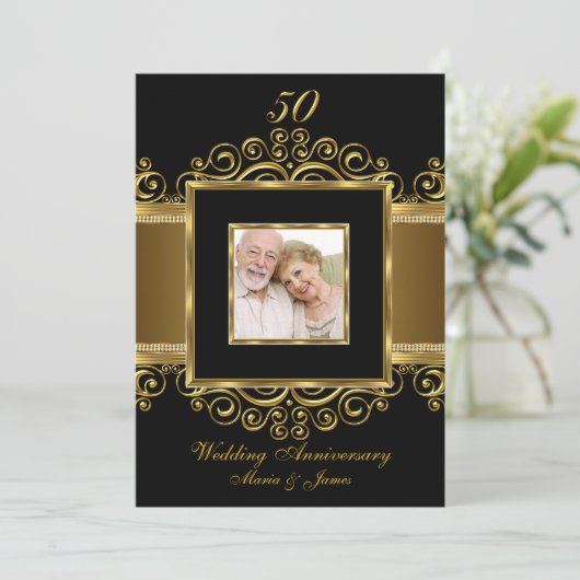 Invitation 50 ans de mariage photo élégante or et noir tourbi (Debout devant)