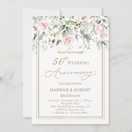 Invitation 50 ans de mariage roses blanches roses (Devant)