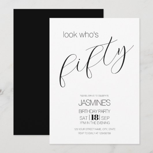 Invitation 50 ans écriture moderne noir et blanc (Devant / Derrière)
