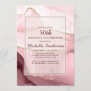 Invitation 50 ans en marbre/agate rose, bordeaux e