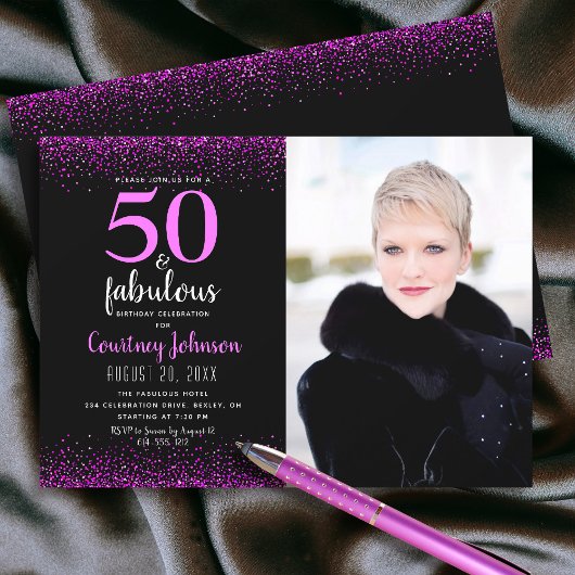 Invitation 50 ans et fabuleux anniversaire confettis roses su