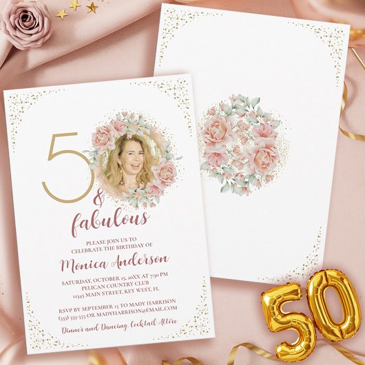 Invitation 50 ans et Fabuleux Anniversaire Photo Fleur Rose O