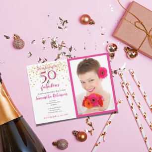 Invitation 50 ans et fabuleux Photo Rose Blanc Chevron Points