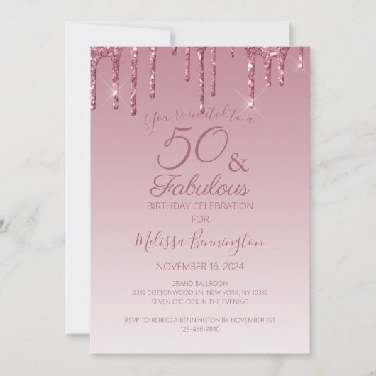 Invitation 50 ans et Fabuleux Rose Gold Rose qui coule Paille (Devant)