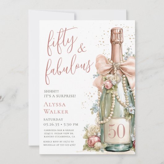 Invitation 50 ans et Fabuleux Rose Gold Script Fête Surprise (Devant)
