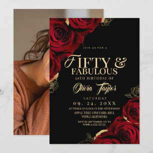 Invitation 50 ans et fabuleux Roses rouges noires et or pour