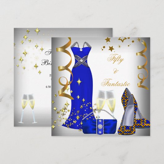Invitation 50 ans & Fantastique Robe Blanche Sequins Bleus An (Devant / Derrière)