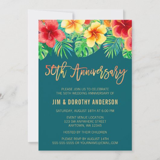 Invitation 50 ans Fleur Aquarelle Tropicale (Devant)