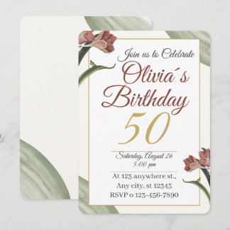 Invitation 50 ans Florale Élégante – Fleur dorée e
