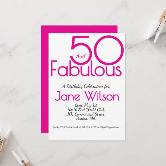 Invitation 50 ans rose fabuleux écriture moderne  (Devant/Arrière en situation)
