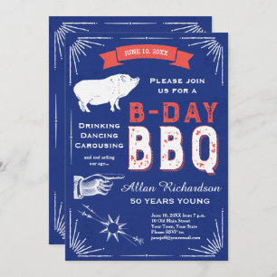 Invitation 50 ans Young Retro Red White and Blue BBBQ Party