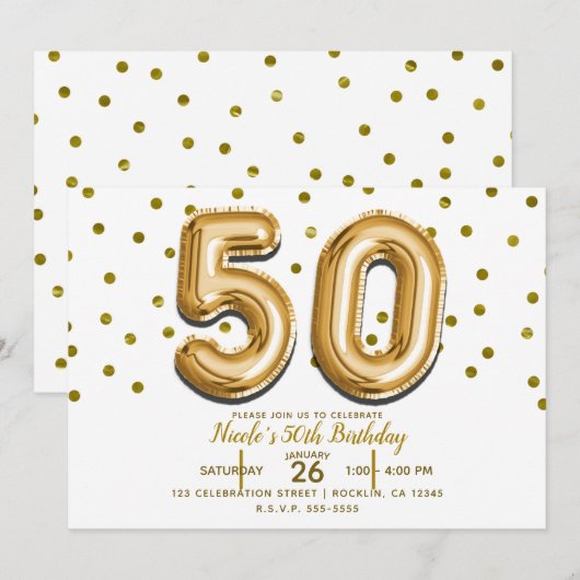 Invitation 50 Ballons Dorés et Confettis Fête d'anniversaire (Devant / Derrière)