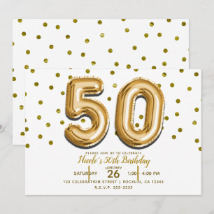 Invitation 50 Ballons Dorés et Confettis Fête d'anniversaire