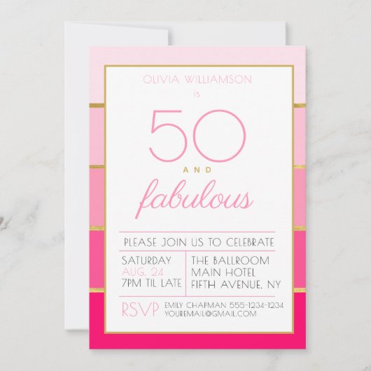 Invitation 50 et fabuleuse fête d'anniversaire en or rose (Devant)