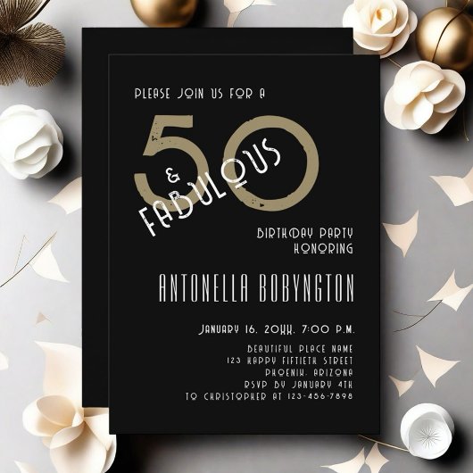 Invitation 50 et fabuleuse fête d'anniversaire noir blanc or