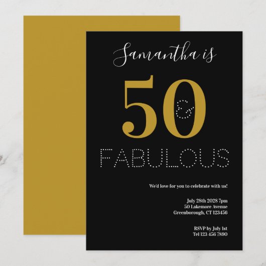 Invitation 50 et fabuleux 50e anniversaire Black Gold Party (Devant / Derrière)