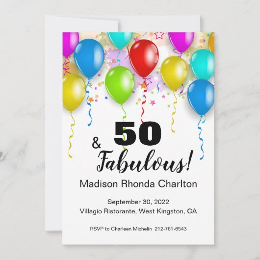 Invitation 50 et fabuleux anniversaire Bright Balloon Invitat (Devant)