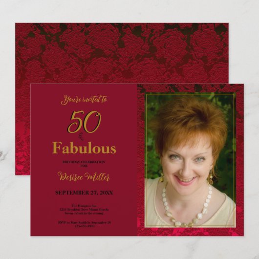 Invitation 50 Et Fabuleux Anniversaire Floral D'Or Rouge (Devant / Derrière)