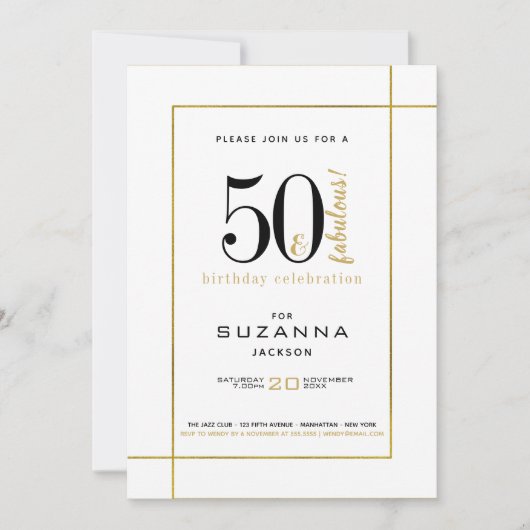 Invitation 50 et fabuleux anniversaire moderne noir et or (Devant)