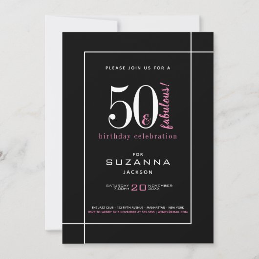 Invitation 50 et fabuleux anniversaire moderne noir et rose (Devant)