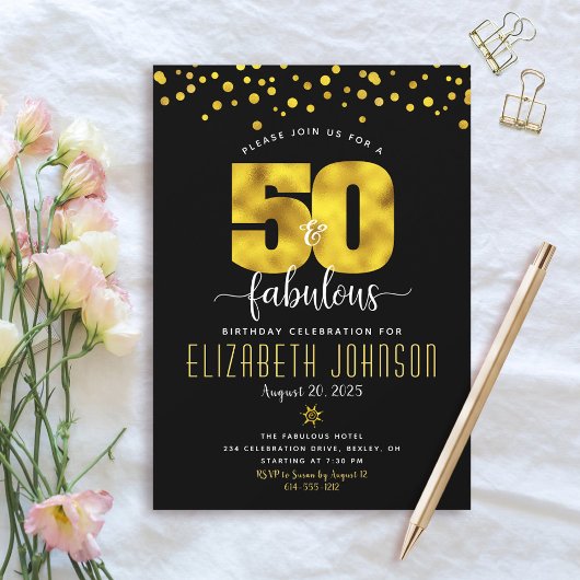 Invitation 50 et fabuleux anniversaire noir confetti points