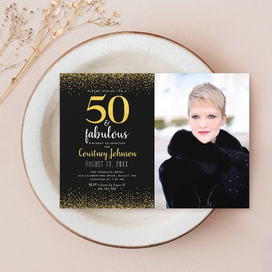 Invitation 50 et fabuleux anniversaire noir or parties scinti