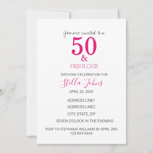 Invitation 50 Et Fabuleux Anniversaire Rose Fuchsia Blanc (Devant)