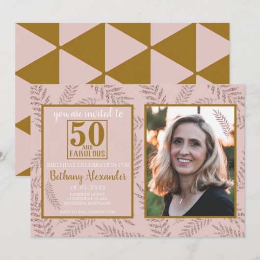 Invitation 50 et fabuleux anniversaire rose or botanique (Devant / Derrière)
