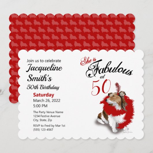 Invitation 50 et fabuleux Anniversaire Sheltie Chien Rouge (Devant / Derrière)