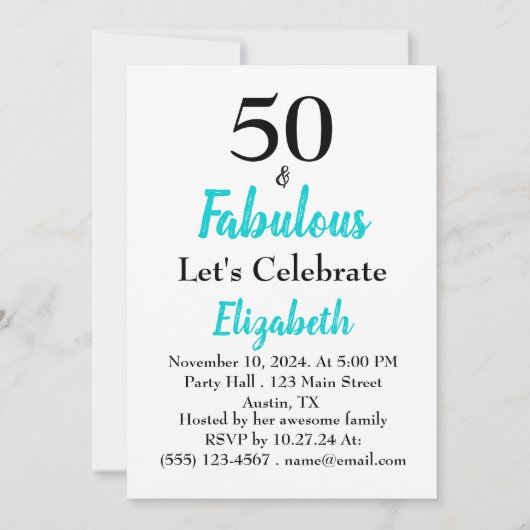 Invitation 50 et Fabuleux anniversaire Turquoise (Devant)