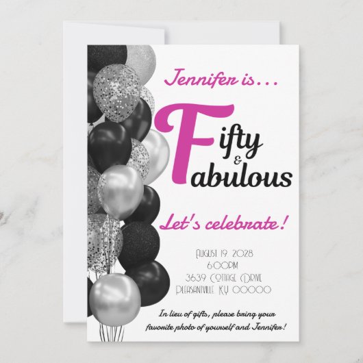 Invitation 50 et fabuleux ballons roses et noirs d'anniversai (Devant)