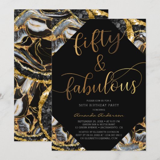 Invitation 50 et fabuleux Black and Gold 50th Birthday Party (Devant / Derrière)