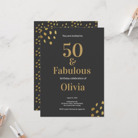 Invitation 50 et fabuleux Black and Golden Birthday Invitati (Devant/Arrière en situation)