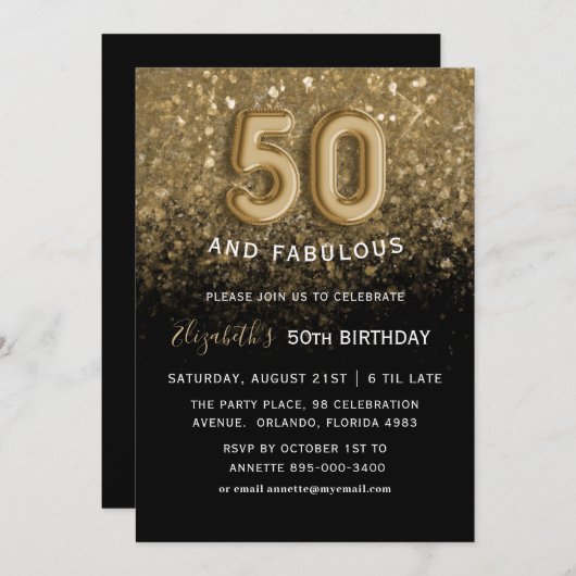 Invitation 50 et fabuleux Black & Gold Parties scintillant An (Devant / Derrière)