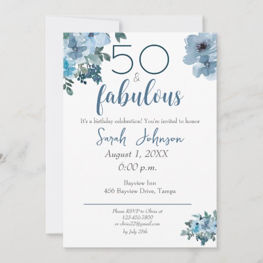 Invitation 50 et Fabuleux bleu floral Elégant aquarelle (Devant)