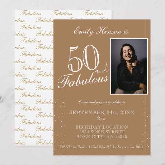 Invitation 50 et fabuleux Elegant Beige Photo Anniversaire (Devant / Derrière)