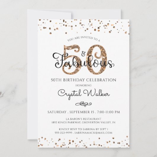 Invitation 50 ET FABULEUX Élégant Script Noir Confetti Or (Devant)