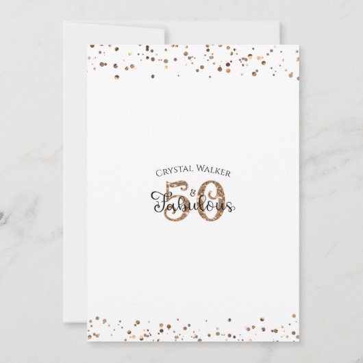 Invitation 50 ET FABULEUX Élégant Script Noir Confetti Or (Dos)