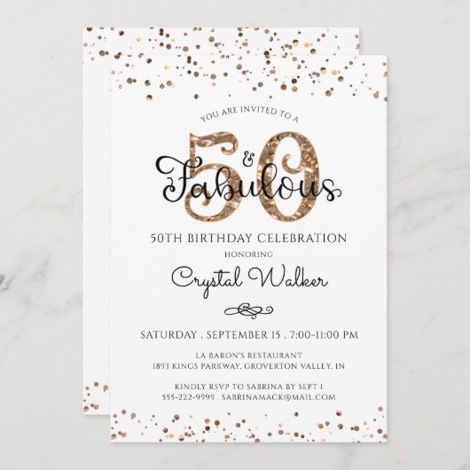Invitation 50 ET FABULEUX Élégant Script Noir Confetti Or (Devant / Derrière)
