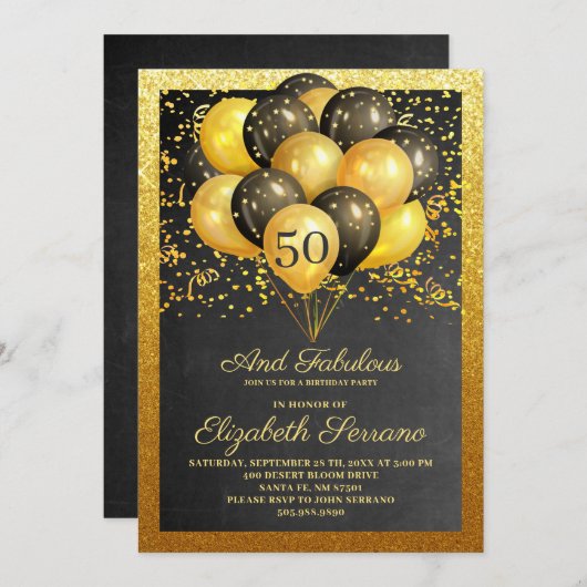 Invitation 50 Et Fabuleux Gold Black Parties scintillant Invi (Devant / Derrière)