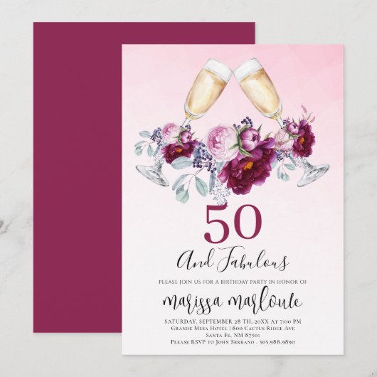 Invitation 50 Et Fabuleux Lunettes De Champagne Floral Annive (Devant / Derrière)