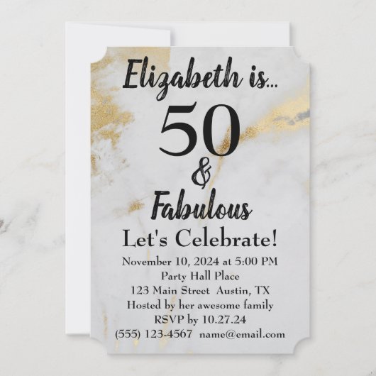 Invitation 50 et fabuleux marbre gris or avec texte noir (Devant)