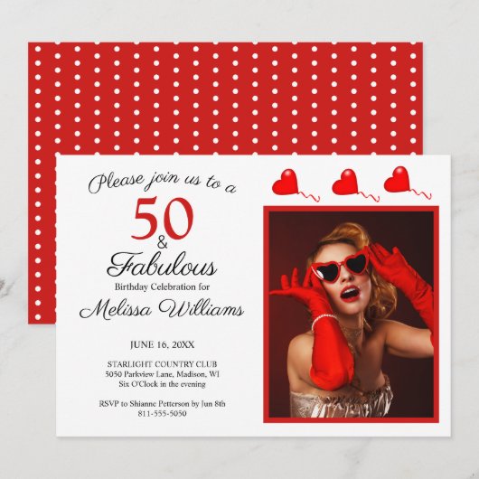 Invitation 50 et fabuleux Photo Rouge 50e anniversaire Blanc  (Devant / Derrière)