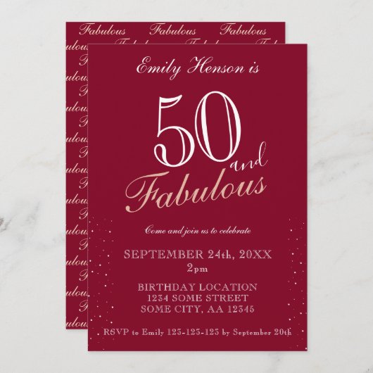 Invitation 50 et fabuleux Red Elegant Script Anniversaire (Devant / Derrière)