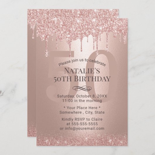 Invitation 50 et fabuleux Rose Parties scintillant or Drips A (Devant / Derrière)