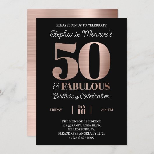 Invitation 50 et fabuleux Rose Typographie d'or Anniversaire (Devant / Derrière)