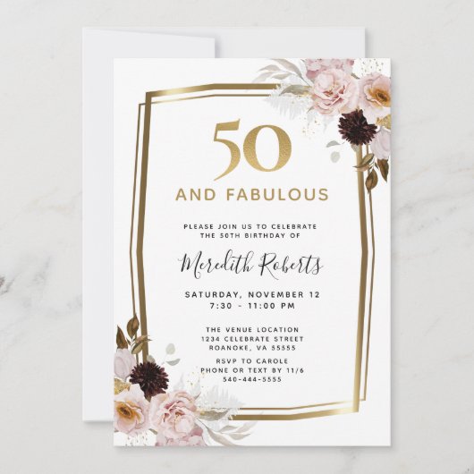 Invitation 50 et fabuleux roses roses roses d'or Metallic Ann (Devant)